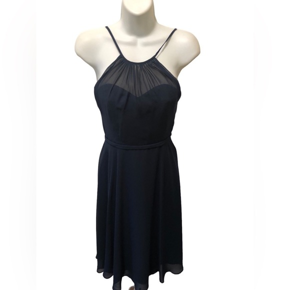 Azazie Alayna Short Bridesmaid A Line Dress Navy Sz J12 High Neck Sheer Chiffon - Picture 3 of 11